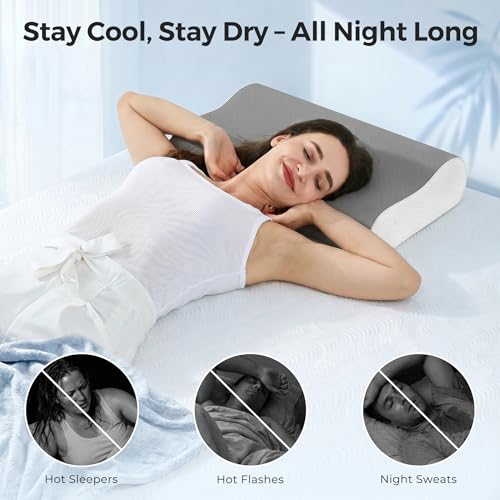 Elviros Cooling Memory Foam Pillow with Breathable Cover, Adjustable Height Bed Pillow for Neck Support, Ergonomic Cervica Neck Pillow for Side Stomach and Back Sleeper, Queen Size, 23.6"×14"×5.3" - color: Grey