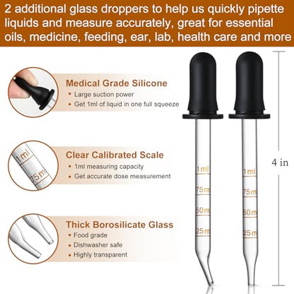 4 Pack, 1 oz Amber Glass Dropper Bottles Plus 2pcs Graduated Calibrated Glass Pipettes (1ml)- 30ml Dark Brown Tincture Bottles with Eye Droppers for Essential Oils, Liquids - Leakproof Travel Bottle - style: Plus 2 Graduated Pipettes