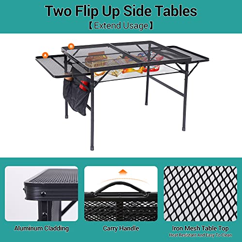Nice C Folding Grill Table, Camping Tailgate Metal Table, 2 Tier Mesh Grill Station, with Metal Folding Adjustable Height&Width, Mesh Net, Carry Handle, for Outdoor
