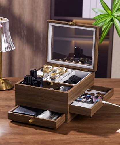 Homde Watch Box for Men Jewelry Organizer with Real Glass Watch Case for Ring, Bracelet, Watch, Necklace, Earrings, and Accessories