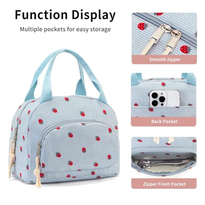 Lunch Bag Women Lunch Box for Women Adult Cute Insulated Lunch Bag Small Cooler Lunch Tote Bags for Work Picnic School (Blue-Strawberry) - color: Blue-Strawberry