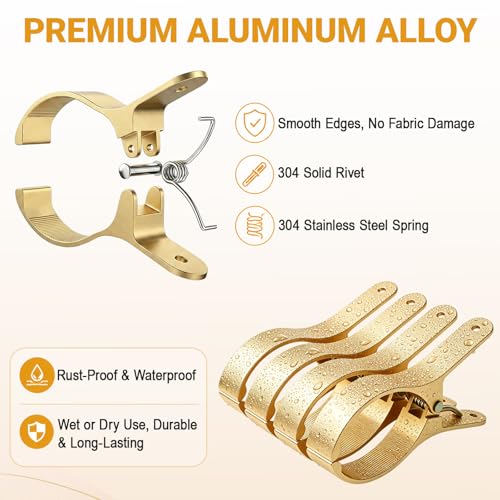 4 PCS Extra Large Beach Towel Clips,5.1 Inches Heavy Duty Aluminum Alloy + Stainless Steel Clip for Chairs,2.95 Inch Opening,Portable Windproof Cruise Ship Essentials,for Laundry,Camping and Travel - color: Gold