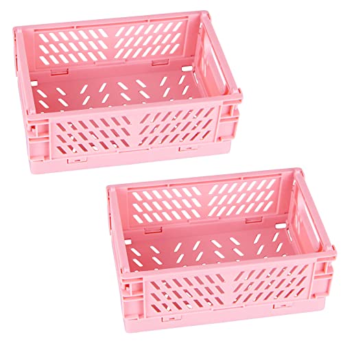 Tixill 2-Pack Mini Foldable Plastic Baskets for Organizing and Storage, Collapsible Storage Crate for Home Kitchen Bedroom Bathroom Office (9.8x6.5x3.8, Pink) - color: Pink, size: 9.8x6.5x3.8