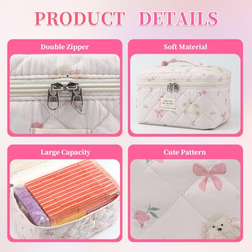 3PCS Coquette Makeup Bag,Quilted Cosmetic Bag Large Make Up Bag Set,Quilted Portable Toiletry Organizer Bag,Cotton Travel Skincare Bag for Women Girls (05-Pink Rabbit) - style: 05-pink Rabbit
