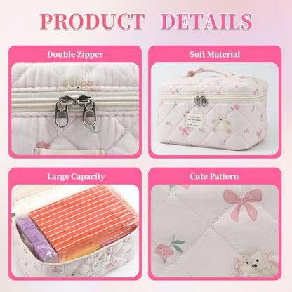3PCS Coquette Makeup Bag,Quilted Cosmetic Bag Large Make Up Bag Set,Quilted Portable Toiletry Organizer Bag,Cotton Travel Skincare Bag for Women Girls (05-Pink Rabbit) - style: 05-pink Rabbit