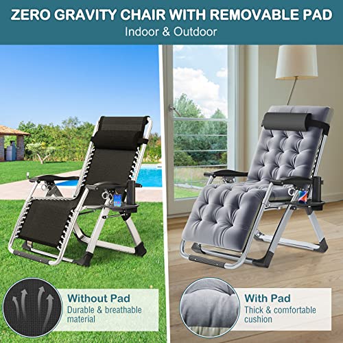 NAIZEA Padded Zero Gravity Chair, Folding Outdoor Lounge Chairs, Adjustable Reclining Camping Chairs with Cup Holder, Ergonomic Patio Lawn Chair for Balcony Beach Deck Yard - color: Grey, style: Zero Gravity Chair