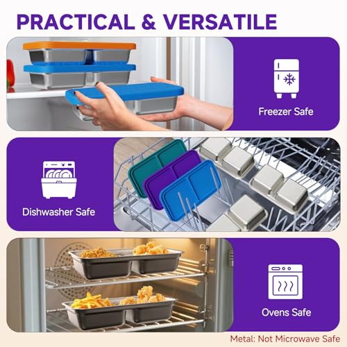3-Pack Stainless Steel Snack Containers with Lid - 15oz Divided BPA-Free Metal Bento Box - Leak-Proof Reusable Food Storage Containers for Meal Prep Picnic Gym Office - Eco-Friendly, Dishwasher Safe