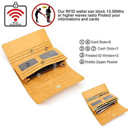 APHISON Womens Wallets RFID Blocking Leather Clutch Long Wallet for Women Card Holder Phone Organizer Ladies Travel Purse Hollow Out Sunflower Design Gift - color: YELLOW