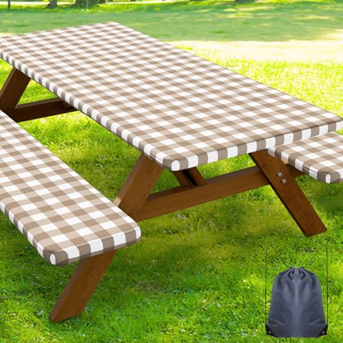 Smiry Picnic Table Cover with Bench Covers, Waterproof Elastic Fitted Tablecloths for 24x48 Rectangle Tables, Washable Buffalo Plaid Tablecloth for Camping, Outdoor (Khaki & White, 24" x 48") - color: Khaki and White, size: 24" x 48"