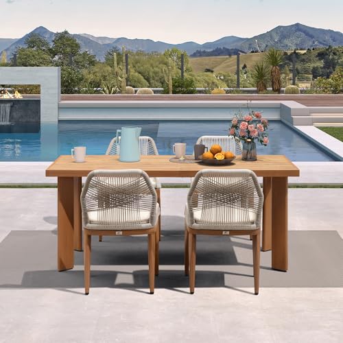 PURPLE LEAF 5 Pieces Dining Set Patio Metal Rectangular Table and Wicker Rattan Chairs for Outside Porch Garden Kitchen Modern Outdoor Furniture Sets - color: Deep Teak, size: 5 PCS, style: Rectangular