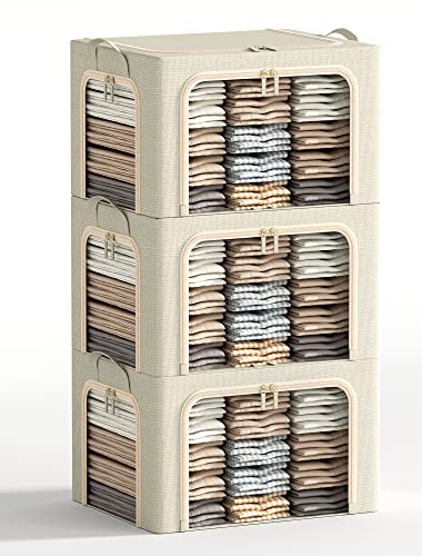 3 Opeings Large Clothes Storage Bins with Metal Frame, Foldable Storage Bin for Clothes, Clothing Storage Bins with Lid, Linen Storage Box With Clear Window＆ Zippers＆ Durable Handles.(3 Pcs,Beige,66L) - color: Beige, size: Large-(19.7 x 15.7 x 13)ines