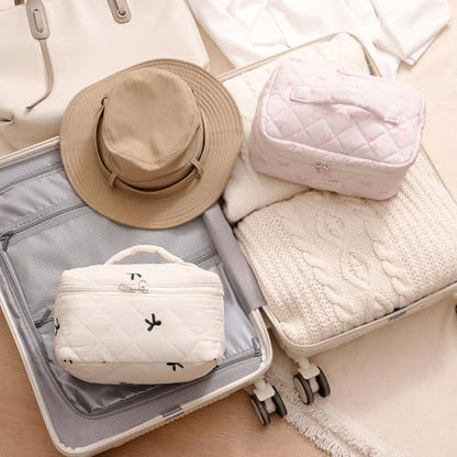 3pcs Large Cotton Quilted Makeup Bag Set,Coquette Aesthetic Cute Travel Toiletry Bag,Drawstring Gift Bag for Women and Girls(3Pcs Beige Bow) - color: 3Pcs Beige Bow
