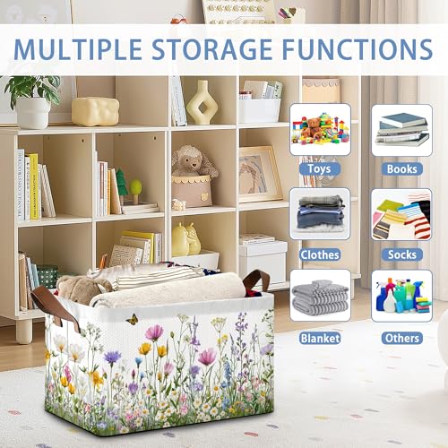Wildflowers Butterfly Storage Baskets,Garden Herb Flower Foldable Large Capacity Organizer Bins with Waterproof Lining and Leather Handles for Closet,Shelf,Bedroom 17x11.5x10Inch - color: Wildflowers Butterfly Garden Herb Flower