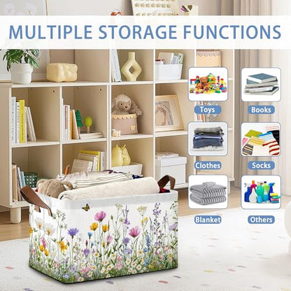 Wildflowers Butterfly Storage Baskets,Garden Herb Flower Foldable Large Capacity Organizer Bins with Waterproof Lining and Leather Handles for Closet,Shelf,Bedroom 17x11.5x10Inch - color: Wildflowers Butterfly Garden Herb Flower