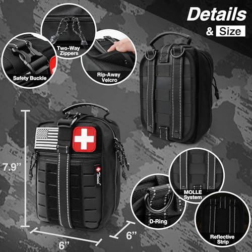 Survival First Aid Kit with Israeli Bandage, Chest Seal, Tourniquet, Splint, Tactical Military Combat Molle IFAK for Wound Care, Bleeding Control, Trauma Hemorrhage and More (Black) - color: Black