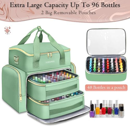 YOREPEK Extra Large Nail Polish Organizer Case Holds 96 to 100+ Bottles (15ml/0.5 fl.oz) UV lamp, Gel Polish Travel Case Bag with 2 Removable Pouches Fits Nail Supplies, Gifts for Manicurist, Green - color: Green-96bottles