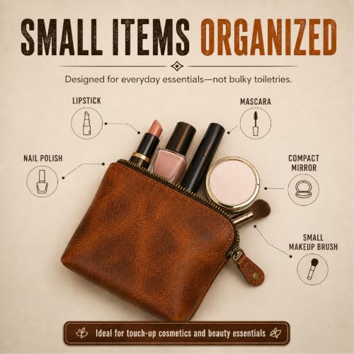 Full Grain Leather Cosmetic Bag – Zippered Makeup Pouch for Women, Small Travel Toiletry & Organizer Pouch for Purse, Premium Handmade Leather (5 × 4 × 2.5 in) - color: Tan