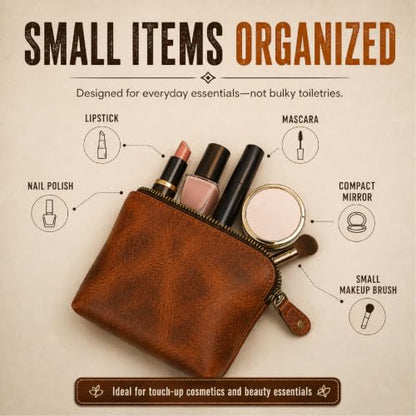 Full Grain Leather Cosmetic Bag – Zippered Makeup Pouch for Women, Small Travel Toiletry & Organizer Pouch for Purse, Premium Handmade Leather (5 × 4 × 2.5 in) - color: Tan