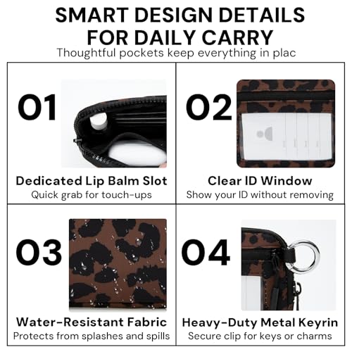 Small Wallet for Women, Mini Zip Card Case with Clear ID Window, Zipper Coin Purse, Lightweight Portable Keychain Card Holder - color: Brown Leopard Print