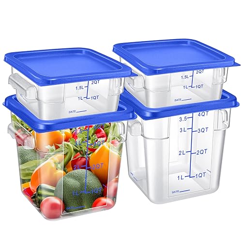 Barydat 4 Pcs Square Food Storage Containers with Lids Measurement Scales, 2qt & 4qt Clear Plastic Stackable Containers for Dough Proofing Baking Kitchen Restaurant and Pantry Organization(Blue) - color: Blue