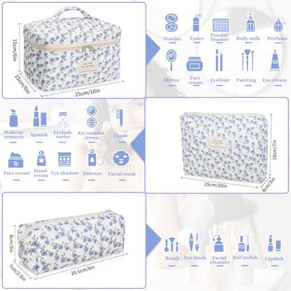 Gosect Makeup Bag Set, Quilted Makeup Bag, Large Floral Cosmetic Bag for Women, Cute Cotton Makeup Bags, Flower Travel Toiletry Organizer Bag (Blue Peacock Flower) - color: Blue Peacock Flower