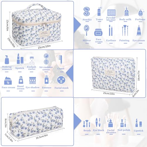 Gosect Makeup Bag Set, Quilted Makeup Bag, Large Floral Cosmetic Bag for Women, Cute Cotton Makeup Bags, Flower Travel Toiletry Organizer Bag (Blue Peacock Flower) - color: Blue Peacock Flower