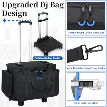 Rolling Dj Cable Bag with Laptop and Microphone Pocket, Dj Bag for Equipment and Music Accessories with Detachable Dividers, Bottom Pad, Dj Gig Bags for Musicians, Professional, Travel, Blue - color: Blue, style: Rolling Dj Cable Bag