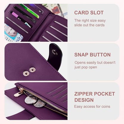 yiijay Womens Wallet RFID Blocking Vegan Leather Trifold Clutch Credit Card Holder Ladies Travel Wallet Purse with Pen Holder - color: 2Dark Purple