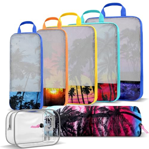 Maple Tree Compression Packing Cube (7 Piece) - Lightweight Compression Organizers Travel Essential Bag for Clothes Shoes Cosmetics Toiletry - color: Pink