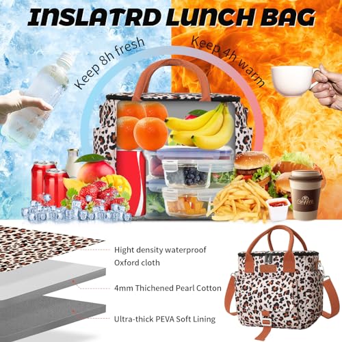 Joymee Insulated Lunch Bag for Women Reusable Leakproof - Leopard Print | Large Spacious, Cooler Lunch Bag, Adjustable Shoulder Strap, With Side Pocket, Bottle Holder, for Office Work Picnic Travel - color: Brown Leopard Print