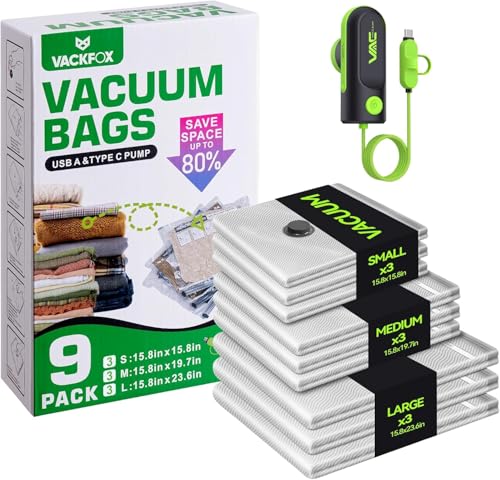 Travel Vacuum Bags with USB & TYPE C Pump, 9 Pack Carry-On Vacuum Storage Bags for Luggage & Suitcase, Vacuum Luggage Bags, Space Saver for Clothes & Travel(Green) - size: Green-9 Vacuum Bags + USB & TYPE-C Pump