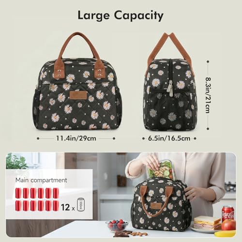 HOMESPON Insulated Lunch Bag for Women Men Adults Lunch Tote with Front Pocket Lunch Box Container Cooler Bag for Work Picnic (Black Daisy) - color: Black Daisy