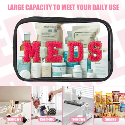 BuyCard 2 Pcs Medicine Chenille Letter Bag Preppy Clear Makeup Meds Pouch for Travel Nylon & PVC Transparent Cosmetic Bag Preppy Patch Toiletry Storage for Women Girls Black - color: MEDS-Black, style: 2 Pcs-clear