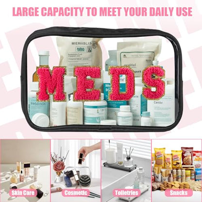 BuyCard 2 Pcs Medicine Chenille Letter Bag Preppy Clear Makeup Meds Pouch for Travel Nylon & PVC Transparent Cosmetic Bag Preppy Patch Toiletry Storage for Women Girls Black - color: MEDS-Black, style: 2 Pcs-clear