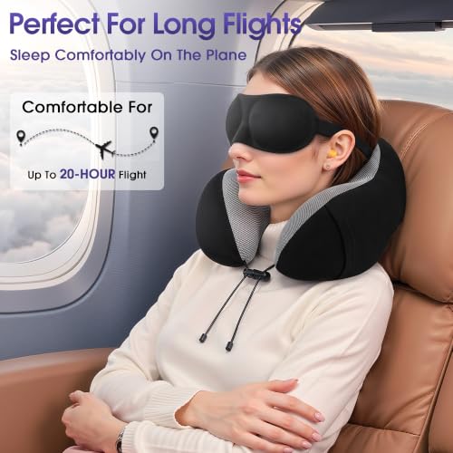 CloudBliss Travel Pillow for Airplane, Memory Foam Neck Pillow for Travel, Compact Flight Pillow with Eye Mask, Earplugs, Carry Bag, Travel Neck Pillow for Long Flight Sleep, Plane Accessories, Black - color: Black