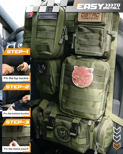 DBTAC Tactical Molle Car Seat Organizer | Vehicle Back Panel with 5X Detachable Pouches, US Flag & Writable Reflective Patch for Cars, Trucks, SUVs, Sedans - color: Green