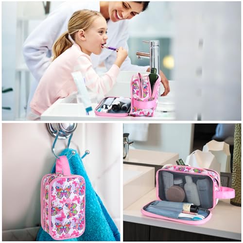 Kids Toiletry Bag for Girls, Travel Toiletry Bag for Little Young Girls Cosmetic Bag Makeup Bag Waterproof Hanging Wash Bag Toddler Toiletries, Butterfly Pink - color: Pink-Butterfly