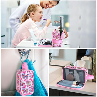 Kids Toiletry Bag for Girls, Travel Toiletry Bag for Little Young Girls Cosmetic Bag Makeup Bag Waterproof Hanging Wash Bag Toddler Toiletries, Butterfly Pink - color: Pink-Butterfly