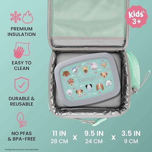 Bentgo Kids Lunch Bag - Durable, Double-Insulated Lunch Bag for Kids 3+; Holds Lunch Box, Water Bottle, & Snacks; Easy-Clean Water-Resistant Fabric & Multiple Zippered Pockets (Puppy Love) - color: Puppy Love