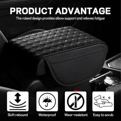 Car Armrest Cushion, 12.2"×8.3" Leather Auto Memory Foam Center Console Pad with Storage Pocket, Waterproof & Anti-Scratch Elbow Pillow Armrest Seat Box Protector, Universal Fit (Black) - color: Black