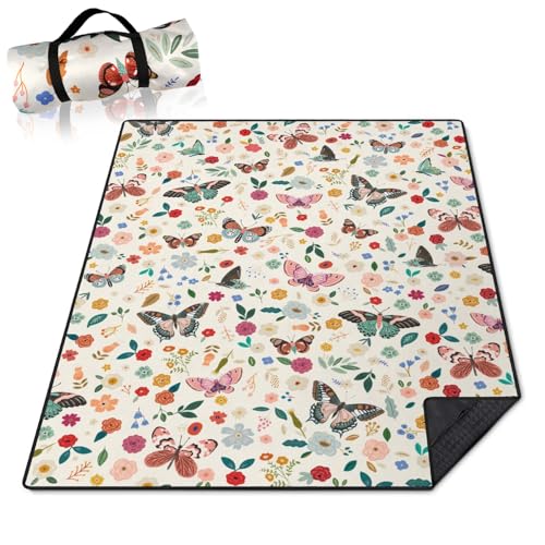 Butterfly Flower Picnic Blankets Waterproof Foldable, 60’‘x80'' Portable Outdoor Picnic Mat Water Resistant for Grass, Padded Lawn & Park Blanket for Camping, Hiking - color: Butterfly