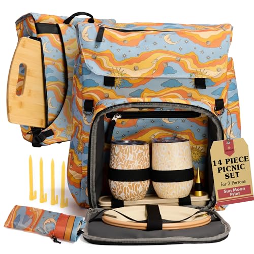 Lax & Daisy Travel Picnic Backpack for 2 Persons - 14 Piece Set Cooler Bags Insulated for Beach, Camping, Hiking & Parks with Blanket, Tumblers, Plates, Gold Cutlery & Cutting Board (Sun Moon Print) - color: Starry Seas