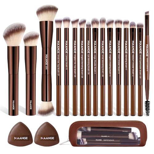MAANGE Makeup Brush Set 19 PCS Travel Makeup Brushes Eyeshaowder Powder Concealers Foundation Professional Make Up Brush Set with Case (Coffee) - color: Coffee