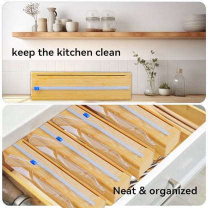 Uncle Jack Plastic Wrap Dispenser with Slide Cutter, Fit 13'' Rolls, Bamboo Aluminum Foil Dispenser with Cutter for Wax Paper, Saran Wrap