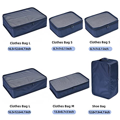 Travel Packing Cubes 7 Set, JJ POWER Luggage Organizers with toiletry kit shoe bag (Navy)