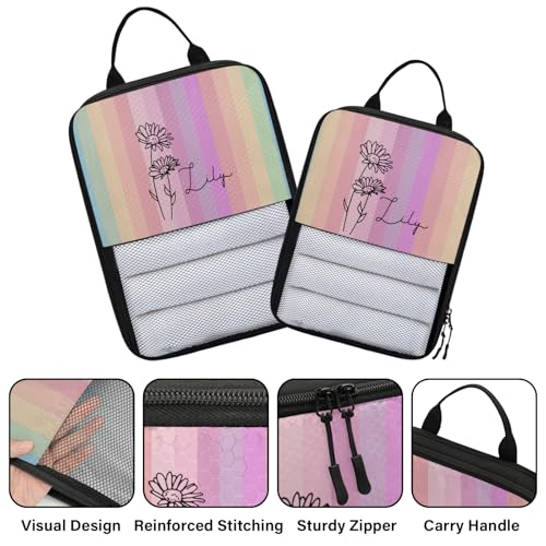 Custom 6 Set Compression Packing Cubes for Travel, Personalized Lightweight Luggage Organizer Bags with Name & Birth Flower, Expandable Large Expandable Packing Organizer, April Gradient - color: Rainbow