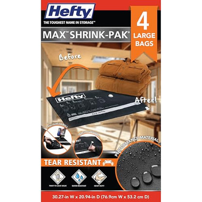 Hefty MAX Shrink-Pak Vacuum Seal Storage Bags for Clothing, Travel, Bedding | Tear & Water Resistant, Dual-Valve Space Saver Compression Bags - Large, 4-Pack