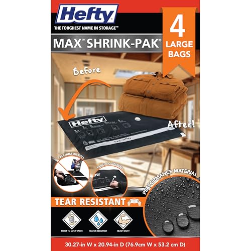 Hefty MAX Shrink-Pak Vacuum Seal Storage Bags for Clothing, Travel, Bedding | Tear & Water Resistant, Dual-Valve Space Saver Compression Bags - Large, 4-Pack