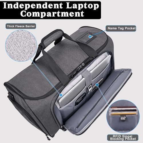HILOMON Travel Garment Duffle Bag with Laptop Compartment, RFID Blocking Convertible Suit Bag Name Tap Pocket Carry On 2 in 1 Hanging Suit Travel Duffel Work Pouch - color: Laptop Compartment