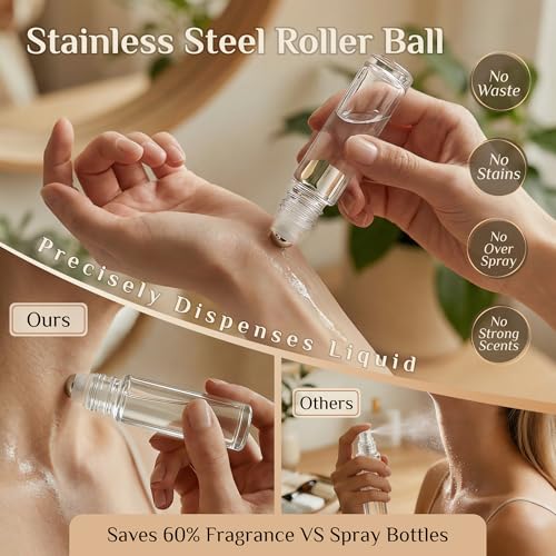 PrettyCare 4 Pack, 10 ml Essential Oil Roller Bottles with Stainless Steel Roller Ball - Refillable Leak-proof Empty Thick Clear Glass Roll on Bottles with Black Caps for Travel, Perfume - color: Clear with Black Cap, size: 4 Pack